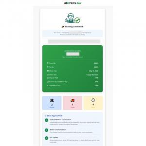 Movers.com confirmation page with move summary including pricing, schedule, crew details, and booking reference number.