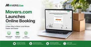 Movers.com online booking feature displayed on a laptop with moving boxes, highlighting instant quotes, scheduling, and secure booking.