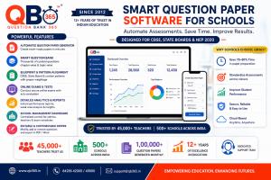 QB365 question paper software dashboard with automated paper generation, analytics reports, CBSE-aligned exam tools, and school management features