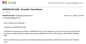 Email invitation from INDSPNCON 2026 Scientific Committee inviting Dr. Mohana Rao Patibandla as faculty speaker at AIIMS Rishikesh conference.