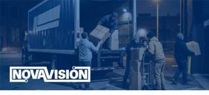 Workers load boxes into a truck for shipping. A NovaVision logo is on top of the image.