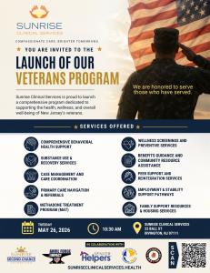 Flyer announcing Sunrise Clinical Services Veterans Program launch on May 26, 2026 in Irvington, NJ.