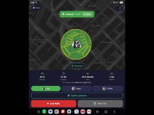 A screenshot of Turf Warz, the GPS dog walking game, showing an active walk and territory claimed on the map.