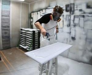 Christian Manhard demonstrates advanced cabinet finishing work in his professional painting shop