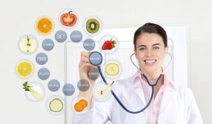 photo of an RN holistic nurse with a Stehescope and coming from it are many icons of whole foods signifying holistic dietary health and wellness