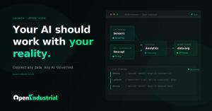 Open Industrial workspace showing IoT device and LIMS API nodes feeding into an analytics surface and warm query endpoint, with a live data stream below. Headline reads: Your AI should work with your reality.