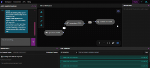 Open Industrial workspace interface showing a node graph with API source and connection nodes feeding a surface, with Azi's AI understanding panel on the left, a proposals panel below, and a live stream showing real-time data events on the right.