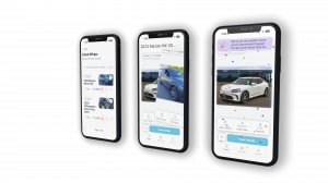 Three smartphone mockups displaying the Whips car shopping app interface, including swipe-to-match vehicle discovery and personalized recommendations.