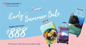 China Airlines Early Summer Sale banner with flights from North America to Asia starting at USD $888, featuring travel suitcases with Asian destinations and an airplane.