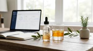 Laptop on desk with SC Botanicals Rise Protocol Dropper