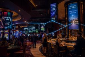 Photorealistic casino interior with sportsbook, bar, and hotel lobby featuring interconnected digital screens displaying dynamic content and advertisements in a premium, technology-driven environment