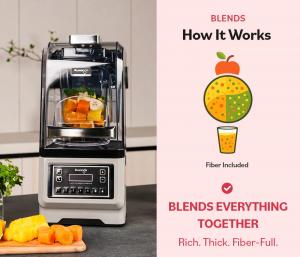 Kuvings CB1000 vacuum blender with whole fruits and vegetables, showing fiber-included blending process. Rich. Thick. Fiber-Full.