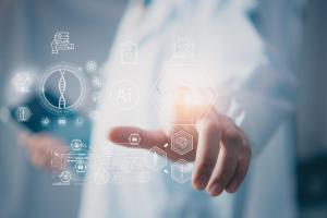 Futuristic digital interface showing DNA strands, health data icons, and a clinician interacting with precision health technology