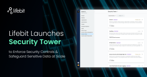 Lifebit Security Tower interface displaying security controls including auditing, IP restrictions, and single sign-on for secure data access