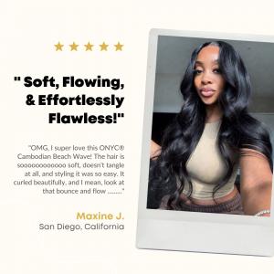 Customer rave graphic featuring Maxine J. wearing ONYC® Cambodian Beach Wave hair with soft, flowing waves and five-star review text.