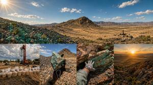 Mining site in Namibia showing above-ground copper oxide ore, drilling equipment, and surrounding terrain at the Sinclair Copper Mine