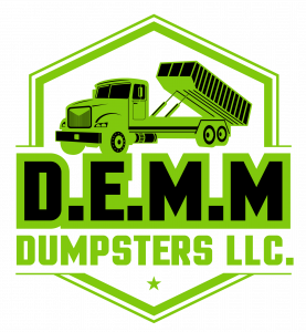 D.E.M.M. Dumpsters LLC logo featuring a green roll-off truck inside a hexagon shield with the company name beneath.