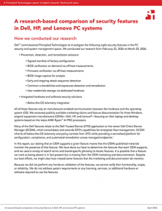 First page of a report titled: A research-based comparison of security features in Dell, HP, and Lenovo PC systems