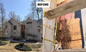 Images of the home before stucco restoration, with visible damage behind the system