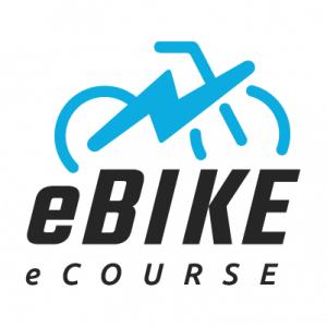 Stylized blue outline of a bicycle with a thunderbolt on it above the words “eBIKE eCOURSE” in bold black text.