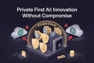 An infographic titled 'Private First AI: Innovation Without Compromise' showing a secure, vaulted Private Cloud dome protecting PII and sensitive data with golden shields, effectively air-gapping local AI processes from external public cloud threats and v