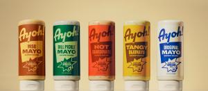 Image of Ayoh's five mayo flavors: Miso Mayo, Dill Pickle Mayo, Hot Giardinayo, Tangy Dijonayo, and Original Mayo
