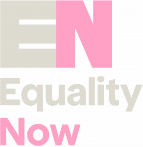 Equality Now logo, a capital E in cream, next to a capital N in pink, under that it says Equality in cream, and under that it says Now in pink