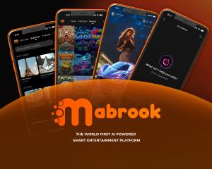 Mabrook super app banner showing video, games, live streaming and AI assistant features on mobile devices.