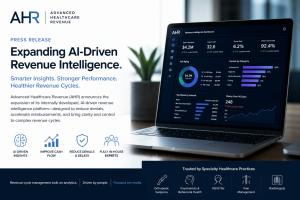 AI-driven revenue cycle management dashboard by Advanced Healthcare Revenue showing claims performance, denial trends, and payer insights