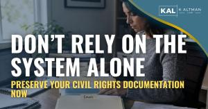 Parent organizing labeled folders (“Emails,” “Complaints,” “Policies”) at a home office desk, with K Altman Law logo and overlay text urging documentation of civil rights records