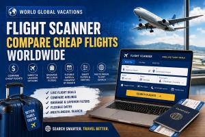 World Global Vacations Flight Scanner displaying live airfare comparison, worldwide destination search, and multilingual departure board functionality for modern travel planning.