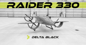 Delta Black Aerospace RAIDER 330 Group 3 VTOL unmanned aerial system on hangar floor.