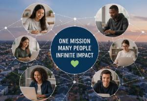 Multiple volunteers connected online working together remotely to support community service initiatives across different locations
