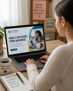 Volunteer using a laptop at home to complete remote community service through The People Foundation program