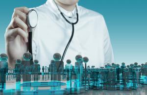 health care professional looking above with a scene below of many people figures all in a dark blue black color that she is moving around representing her managing people