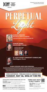 Poster art with the title Perpetual Light, Duruflé Requiem Conductor Marie Bucoy-Calavan, Vivaldi Gloria Conductor Catherine Sailer, St. Louis County Community Chorus Conductor Andy Waggoner, and Participating choral groups, along with a header that reads