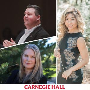 DCINY: Perpetual Light Conductors Andy Waggoner (STLCCC), Catherine Sailer (Vivaldi: Gloria), and Marie Bucuy-Calavan (Duruflé: Requiem), with Carnegie Hall banner