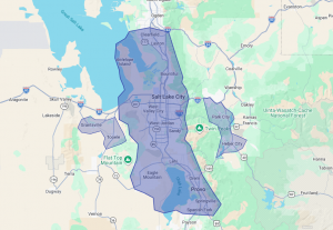 Google Map View of the serviceable area that Ninja Plumbing, Heating and Air offers, highlighted by blue areas.