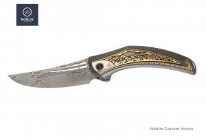 LesBar Olvar folding knife with Damasteel blade, titanium frame, gold inlays and mother-of-pearl accent