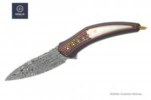 LesBar Plus+ folding knife with Damasteel blade, titanium handle, purple anodized accents and mother-of-pearl inlay