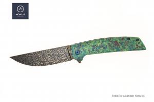 Noblie collector folder with Dragonskin Damascus blade and green anodized crystallized titanium handle