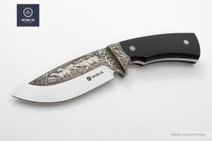 Noblie engraved deer hunting knife with black handle and wildlife scene on blade