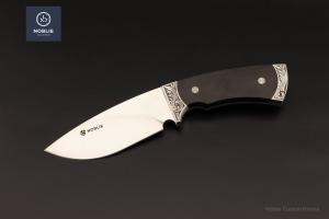 Noblie custom hunting knife with black handle and engraved bolsters on dark background