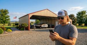 Man wearing a Metal America hat ordering a metal carport from his phone with a vertical roof steel building, classic truck, and American flag in the background