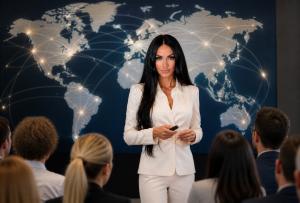 Anastasia Andreani presenting global beauty and aesthetic education strategy with world map, representing Vizio Makeup Academy, AML Aesthetic Laser Academy, and ASFA Spa Facial Academy