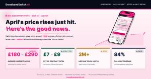 Infographic from BroadbandSwitch.uk May 2026 update showing UK broadband deals can save households £180 to £290 across a 24-month contract, with 84% full-fibre coverage and over 2 million Britons using One Touch Switch.