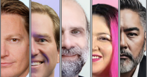 The image is of five individuals, four males and one female, with the right half side of their faces showing in color. The background of each is a different shade of light pastel such as blue, purple, etc.