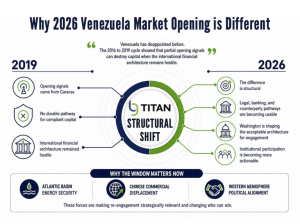 BG Titan infographic titled “Why 2026 Venezuela Market Opening is Different” comparing 2019 barriers with 2026 structural change: usable legal and banking pathways, Washington-shaped engagement architecture, and more actionable institutional participation.