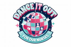 A disco balls with nurse images like stethascopes and hats reflected