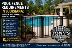 Pool fence requirements Louisiana with black metal safety fence around pool